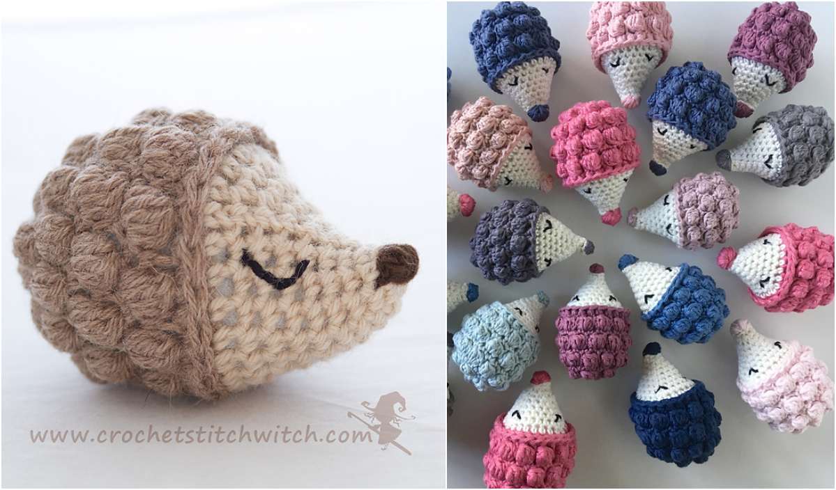 Crocheted Diddy Hedgehog on the left; multiple colorful crocheted hedgehogs arranged in a circle on the right, featuring the delightful details of a free crochet pattern.