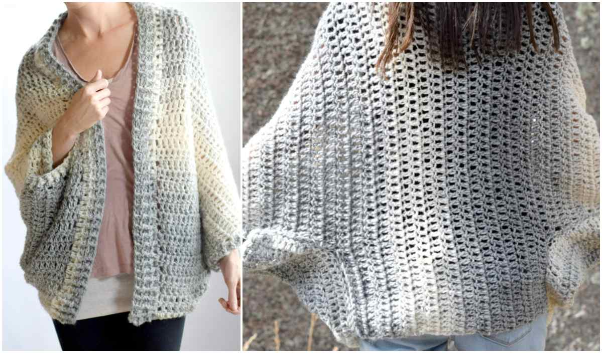 A person wearing a loose-knit, gray and white cardigan, shown from the front and back, complements their look with a stylish accessory. Whether you're looking for inspiration or crafting your own attire, consider adding a C2C Beanie created from a free crochet pattern.