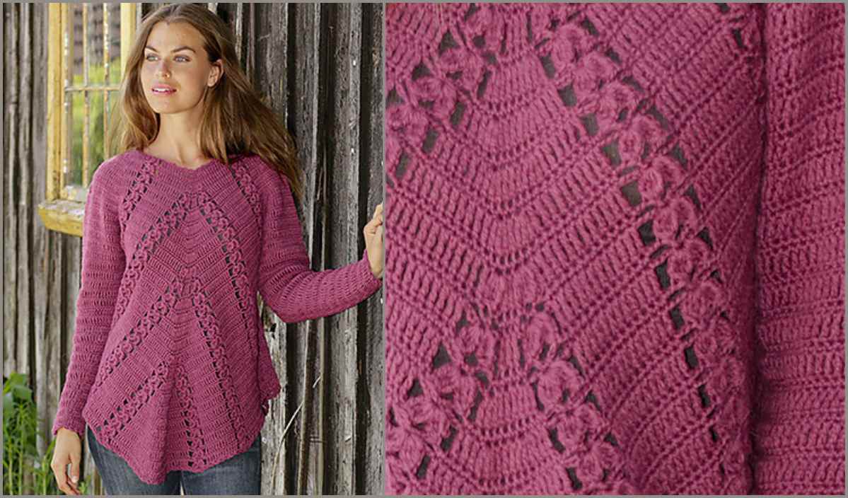 A woman in a pink knitted sweater, featuring a chevron and lace crochet pattern, stands against a wooden wall. The cozy design evokes the warmth of an autumn blanket. Close-up detail of the sweater on the right.