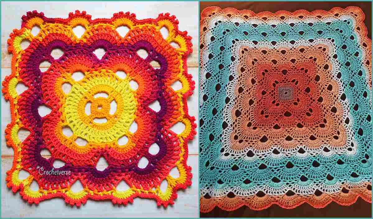 Two colorful crocheted square patterns: left, red and yellow with a floral design; right, turquoise, orange, and white in a layered square motif resembling a vibrant virus blanket.