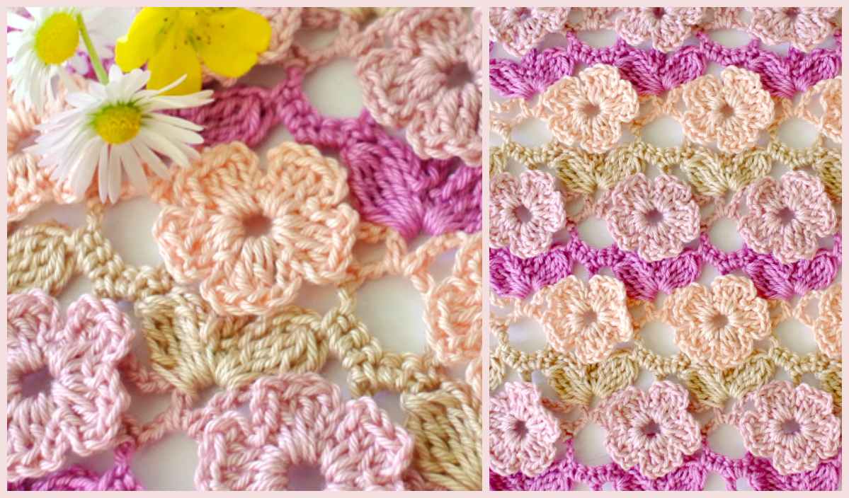 Crochet floral pattern in pink, yellow, and beige yarn, featuring delicate daisies and a vibrant yellow flower as decoration. This exquisite design incorporates the intricate flower stitch for added charm.