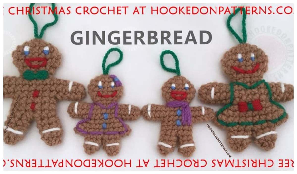 Four crocheted gingerbread ornaments, crafted from a free crochet pattern, with green hanging loops include two larger and two smaller figures, displayed on a white background.