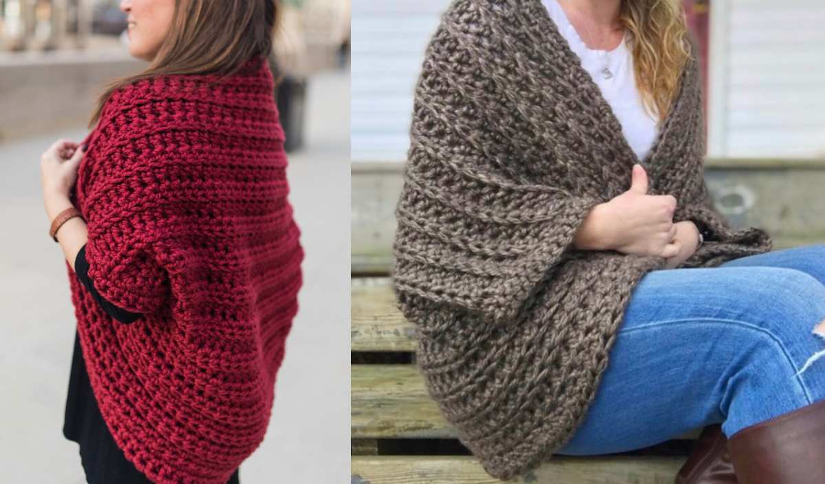 Two women showcase their chic style in crocheted shawls; one stands outdoors in a dark red design paired with a black top, while the other sits on wooden steps wearing a brown chunky shrug over a white top and jeans.