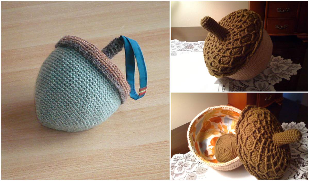 Discover the charming Little Acorn Project Bag, featuring crocheted acorn-shaped containers expertly designed with a detachable top revealing handy storage space. Perfect for organizing your crafting essentials, this unique creation comes with a free crochet pattern for you to try.