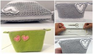 Collage of crochet pouches: two gray with white heart motifs, one green with pink hearts. Includes an image of hands measuring fabric with scissors and a tape measure, inspired by a Victorian aesthetic. Explore this elegant style through our free crochet pattern collection.