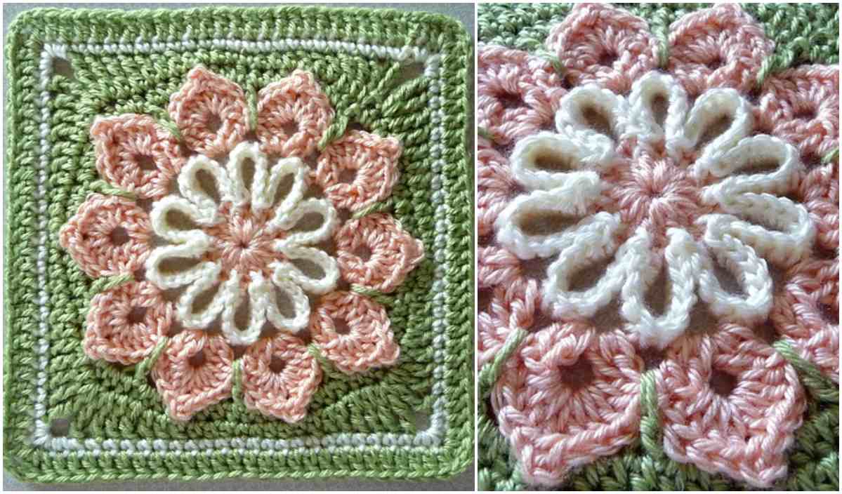 A crocheted square showcases a central layered flower design in peach and white, bordered by a lush green edge. This detailed crochet pattern is akin to the color block style often seen in trendy sweaters, with close-up details on the right revealing the intricate stitching.