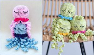 On a wicker chair, two crocheted octopus dolls in pink and blue showcase their frilly tentacles, while three in green and yellow flaunt playful curls. These adorable creations are perfect for preemies, with designs inspired by a free crochet pattern for sleeping octopuses.