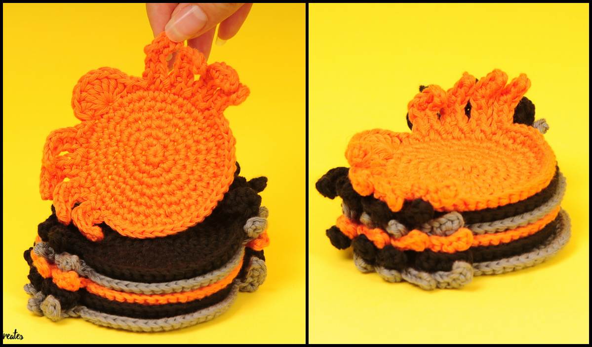 Crocheted orange and black coasters stacked on a yellow background, featuring a flame-like design reminiscent of bat kawaii art on the top coaster.