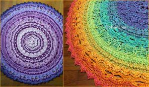 These two vibrant round crochet mats are a stunning blend of artistry and color. One in shades of purple and the other a gradient of orange, yellow, green, and blue. Featuring intricate patterns reminiscent of a Unicorn Mandala, these mats could inspire your next free crochet pattern project.