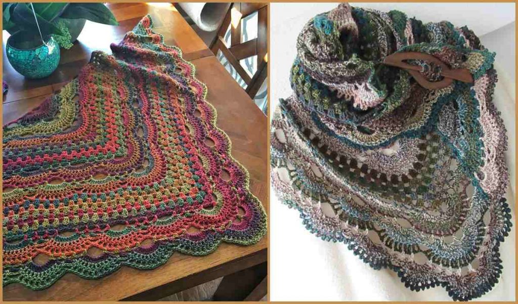 Two vibrant crochet shawls showcased on a wooden table and white surface. One, a multicolored delight with scalloped edges inspired by the Virus Meet Granny Shawl, and the other earth-toned featuring a shawl pin. Discover their charm with a free crochet pattern accessible via video tutorial.