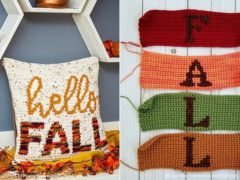 Embrace the season with this autumn crochet pillow featuring "hello FALL" and four vibrant crochet pieces spelling "FALL," each in a unique color.