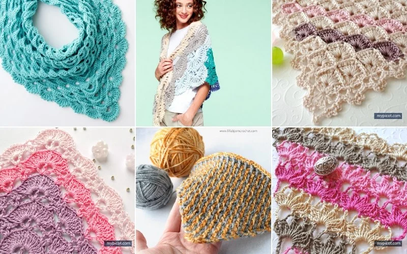 A collage showcasing an array of crocheted shawls, featuring intricate crochet triangle patterns in a rainbow of colors and designs.