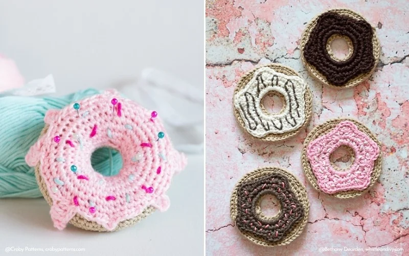 Crocheted donut patterns: one pink with colored sprinkles on the left and four in various flavors on a rustic surface to the right.