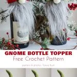 Two charming crochet Christmas gnome bottle toppers, donning festive red and green hats, sit atop wine bottles in front of a decorative tree.