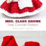 Crocheted Mrs. Claus gnome with a festive red and white dress, accompanied by her Santa gnome counterpart. Perfect for creating your own crochet Christmas gnome scene, see the free crochet pattern below.