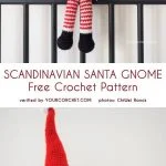 Experience the charm of this crochet pattern featuring a Scandinavian Santa gnome. With his long red hat, snowy white beard, and striped red and white legs, he sits cozily on a black rail and a wooden surface.