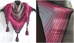 The Ana Lucia Shawl, a triangular, multi-shaded pink crochet masterpiece with tassels, gracefully hangs on a hanger (left) and is beautifully spread out on a surface (right). Explore its elegance with our free crochet pattern.
