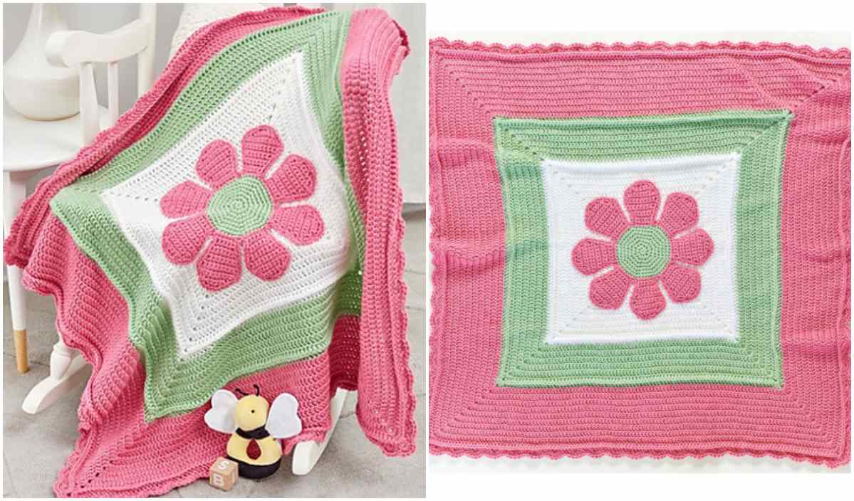 This adorable baby blanket features a pink flower design, draped over a chair next to a small plush bee toy, as if it's In Full Bloom.