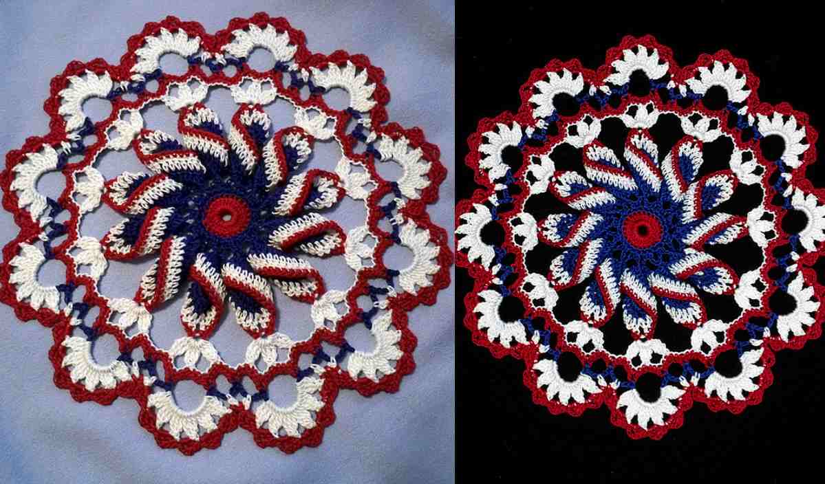 Two crochet doilies with a circular pattern in red, white, and blue resemble a pretty pinwheel design. The left doily is on a light background, while the right one contrasts with a dark backdrop. Create your own using this free crochet pattern for an eye-catching addition to any decor.