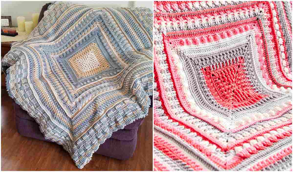 A crocheted blanket with intricate, colorful square patterns draped over a chair. Close-up highlights red, gray, and beige details, perfect for those seeking inspiration from a free crochet pattern.