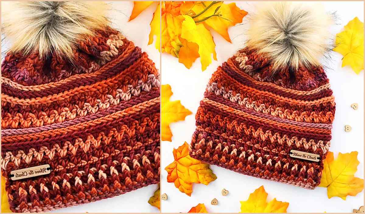 A bead stitch hat with a fur pom-pom in autumn colors, surrounded by yellow leaves and small buttons.