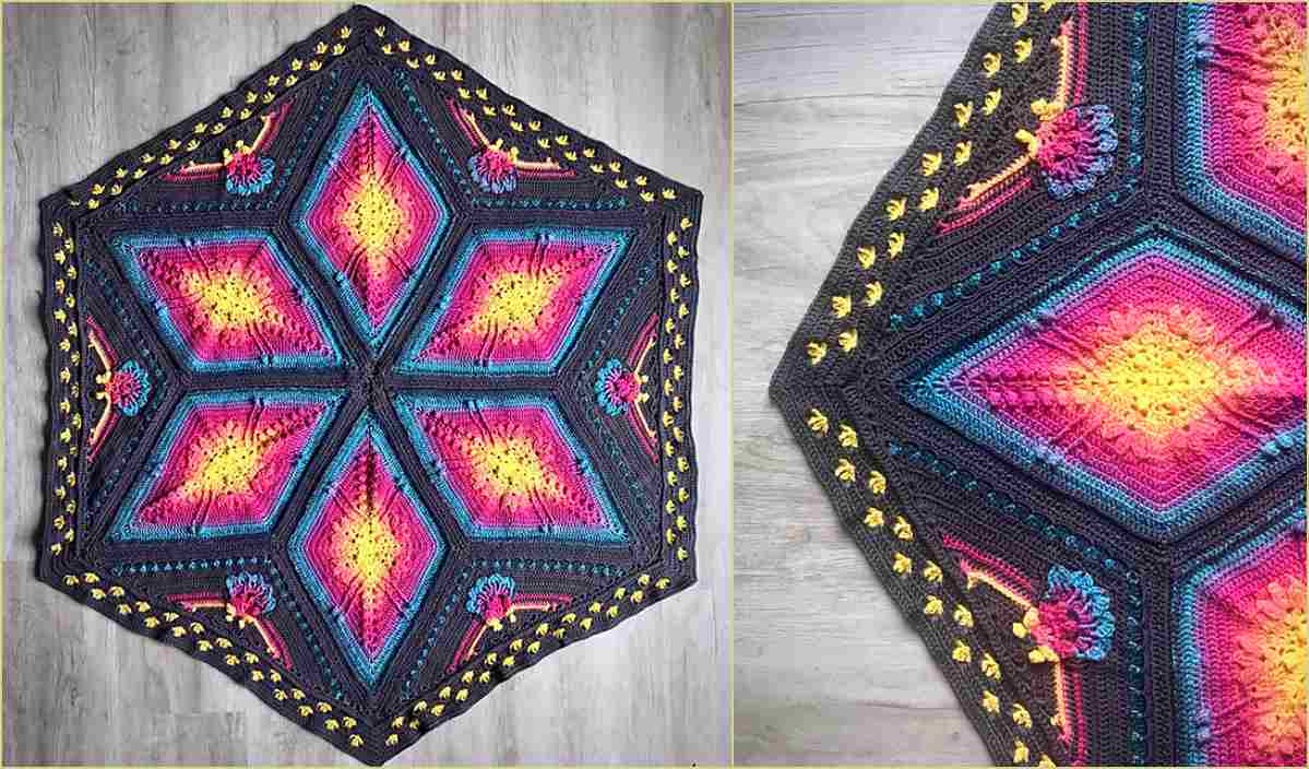 A colorful hexagonal crochet blanket, known as the Ubuntu Hexagon Blanket, showcases intricate patterns in pink, yellow, blue, and black on a wooden floor. A close-up reveals detailed crochet work and texture—a perfect inspiration for your next free crochet pattern project.