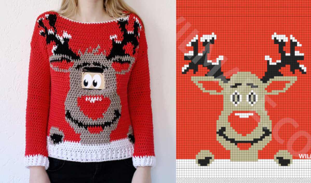 A person showcases a knitted red sweater with a pixelated cartoon reindeer design, featuring large eyes and antlers. Check out the free pattern to create your own digital reindeer Christmas sweater with our step-by-step video tutorial.