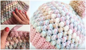 Close-up of a crocheted Puff Stitch Beanie with a pom-pom in multicolored yarn. Two images show hands skillfully working on their craft with a crochet hook, hinting at the detailed steps you can learn in the free tutorial.
