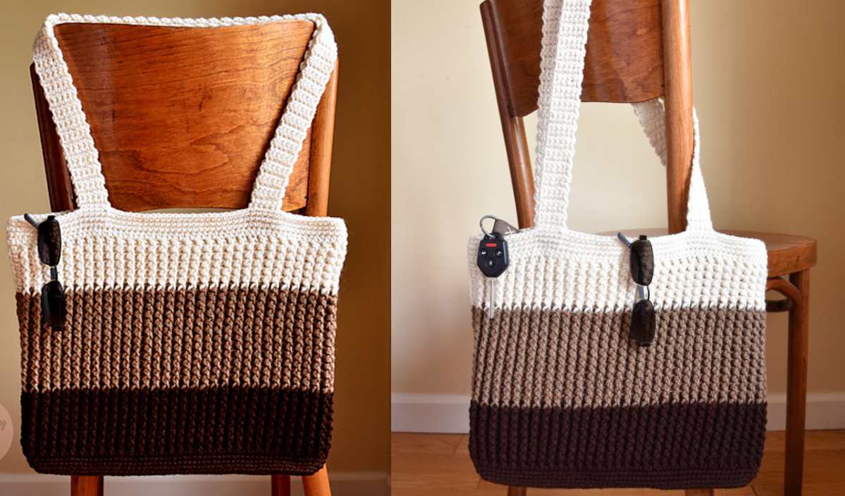 Two crochet shoulder bags in brown and cream tones hang on a wooden chair, each with attached keychains, exuding a boho ornament charm perfect for the holiday season.