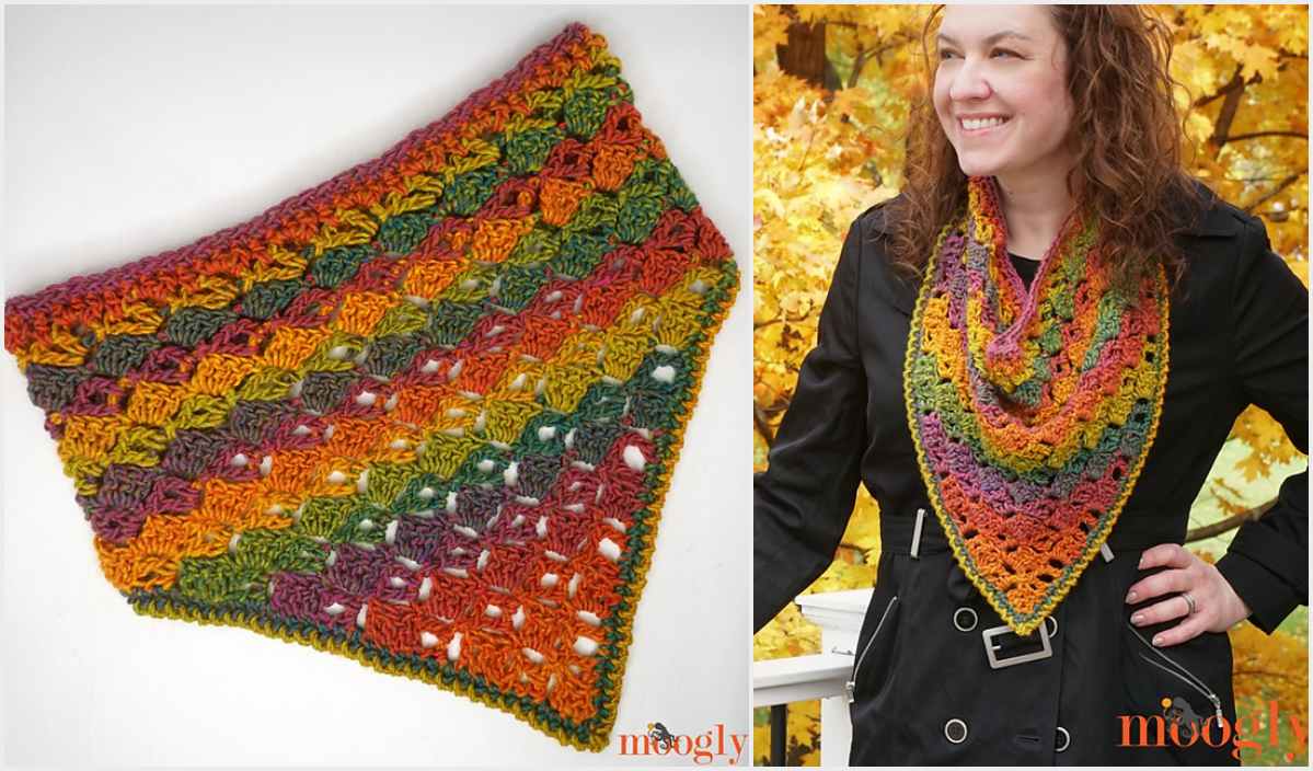 Colorful crocheted shawl in autumn hues displayed flat and worn by a smiling person outdoors, reminiscent of a Harvest Bandana Cowl.