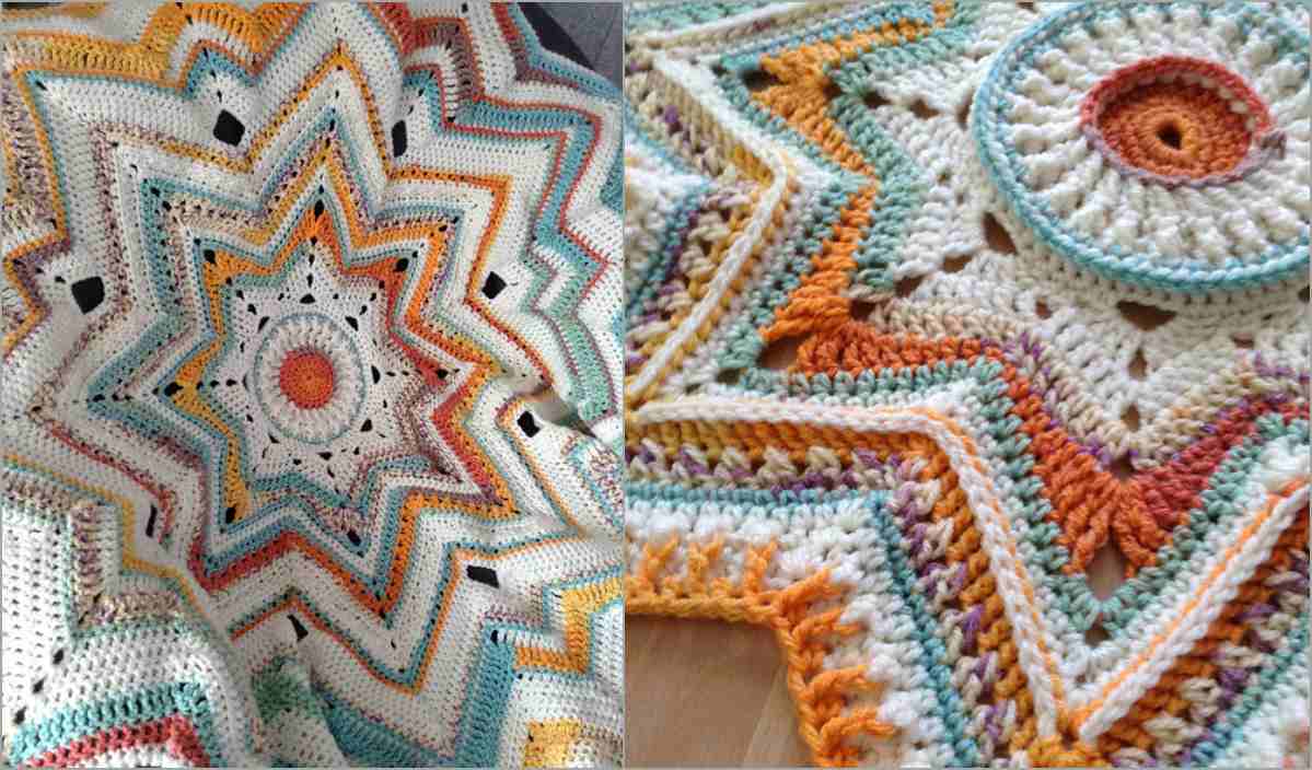 These two crochet blankets, in vibrant orange, teal, and cream colors, boast intricate star patterns. Perfect as a Mini Galaxy Baby Blanket, they showcase exquisite stitching and design flair.