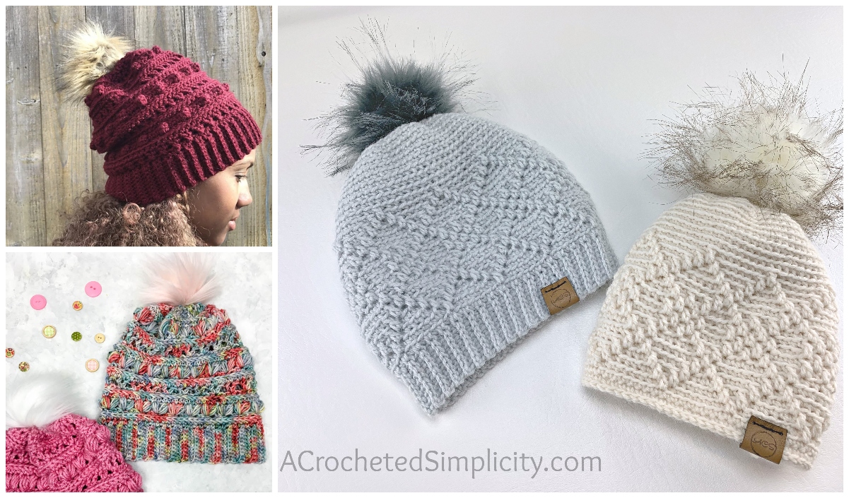 Three knitted hats with pom-poms: one red slouch hat on a person, one colorful with buttons, and two on a table (gray and white with textured patterns). Plus, explore a free crochet pattern for even more cozy creations.