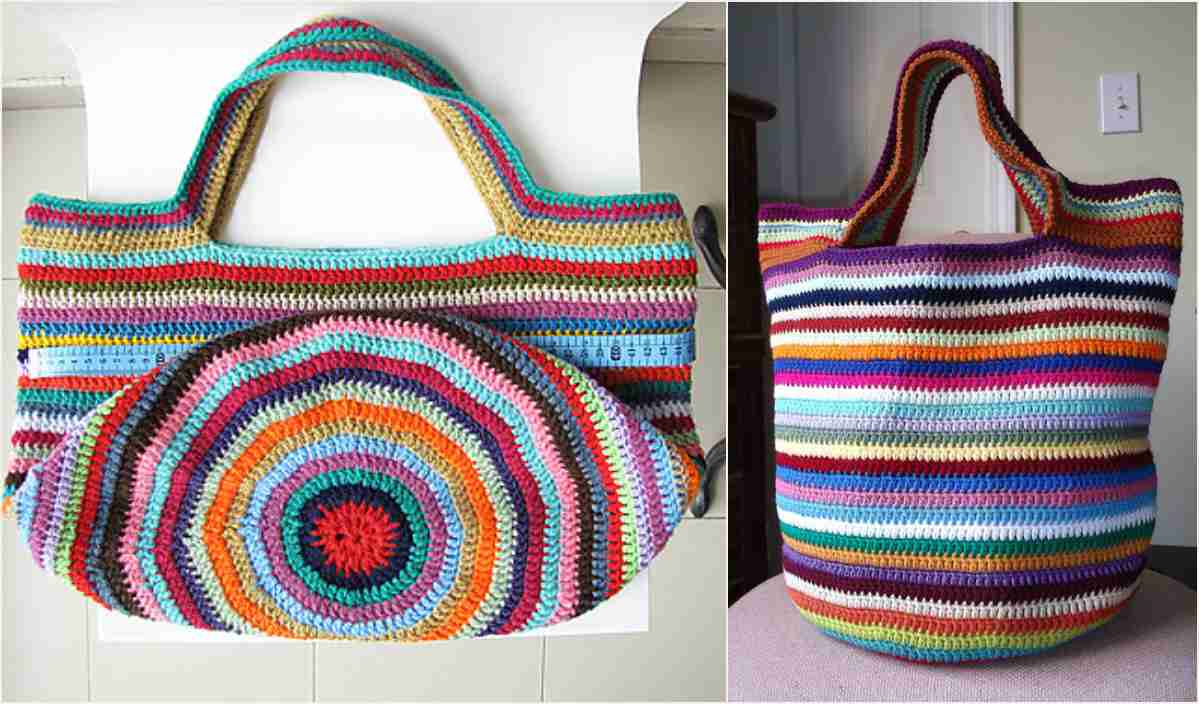 Two colorful crocheted bags with striped patterns are showcased alongside a Harvest Bandana Cowl. One is an oval-shaped bag with a circular design, and the other is a rectangular tote. A free pattern offers insights, making it perfect for those keen on exploring new crochet projects.