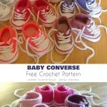 A delightful array of colorful Crochet Converse Baby Booties is artfully displayed in rows on a rustic wooden surface.