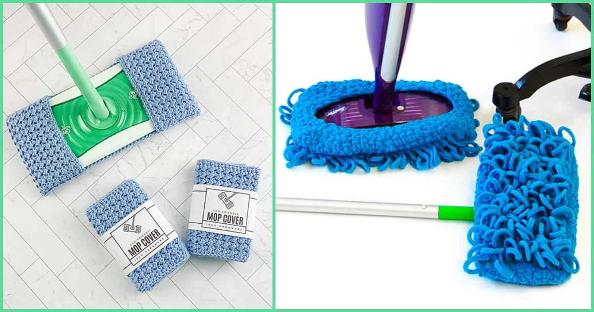 Blue crochet mop covers, elegantly draped over a mop and displayed separately, feature a charming label reading "Mop Cover.