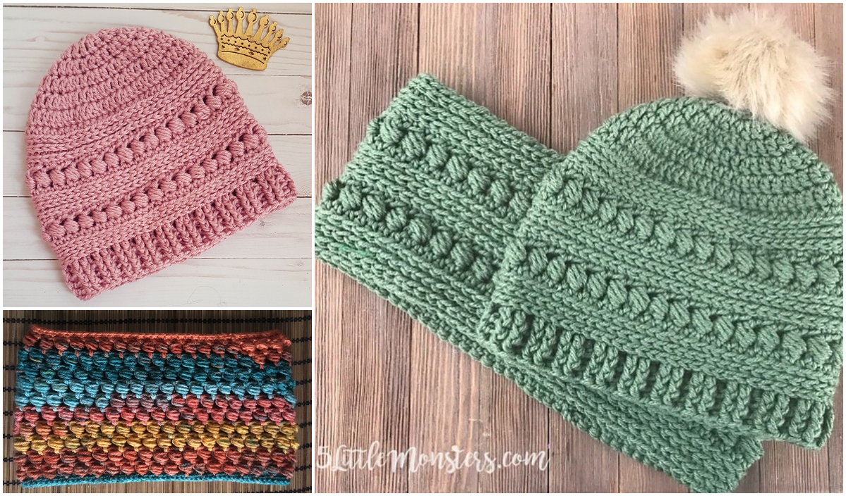 Collage of crocheted items: pink crown-topped hat, a bead stitch hat in green adorned with a pom-pom, and a multi-colored scarf with a matching green one.