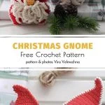 Two crocheted Christmas gnomes with red hats and curly beards are charmingly displayed amid decorative greenery and a patterned envelope. The text invites you to explore this delightful crochet Christmas gnome free pattern.
