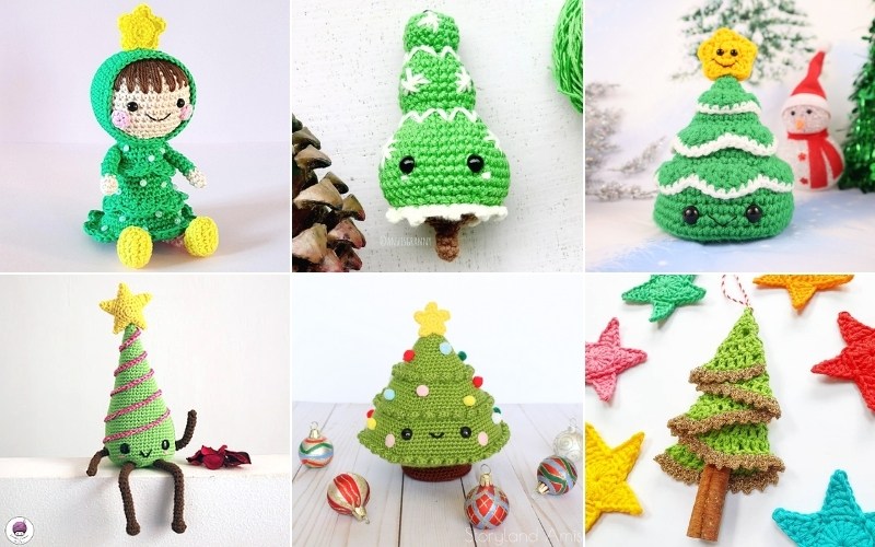 A collage of six amigurumi Christmas trees and figures, each with unique designs and colorful decorations, including stars and ornaments.