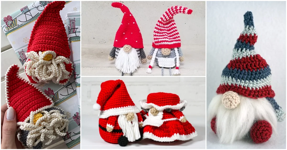 A collage of crochet Christmas gnomes and Santas in red and white outfits, featuring distinct hats and beards.