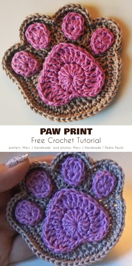 Two paw print crochet motifs, one in pink and brown and the other in purple and brown, are displayed as charming crochet ideas for a free crochet tutorial.
