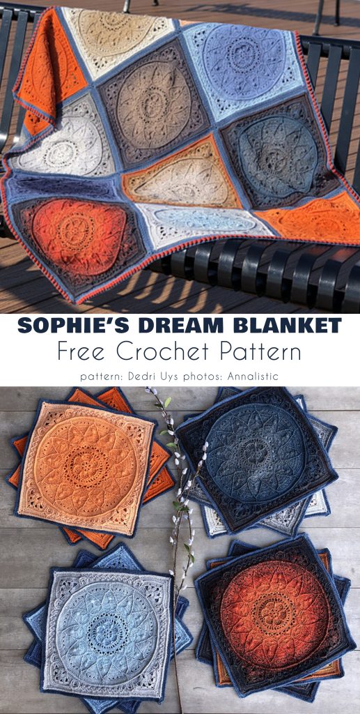 A crocheted Sophie's Dream Blanket made of multicolored square motifs in blue, orange, gray, and beige, shown draped on a chair and arranged flat in separate squares.