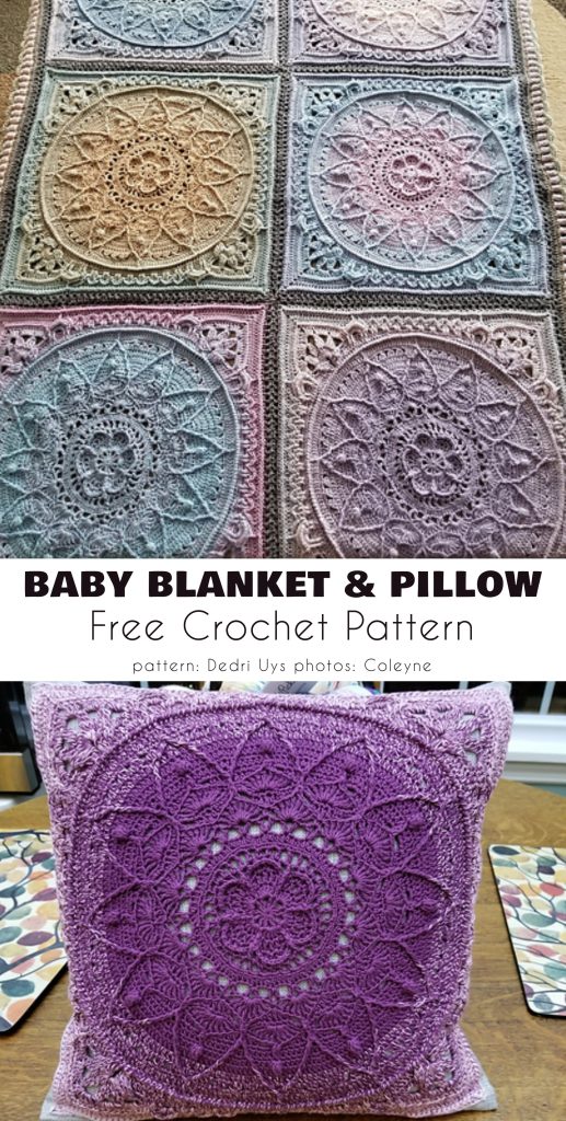 A crocheted baby blanket with pastel-colored square motifs and a purple square crocheted pillow are shown. The text promotes the free Sophie's Dream Blanket crochet pattern by Dedri Uys.