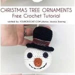 Three easy Christmas tree ornaments: a crocheted reindeer head with antlers, a snowman face with a hat, and a penguin face wearing a blue hat.