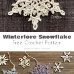 Perfect crochet snowflakes cascade gracefully, starting with a delicate snowflake hanging on wood, complemented by crocheted and wooden flakes below. Text: 