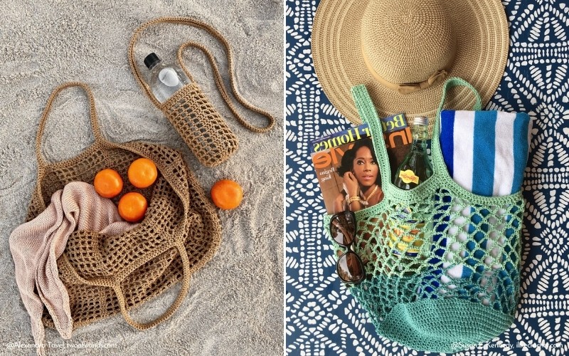 Two crochet market bags rest on a patterned surface: one brimming with oranges and a bottle, the other holding a straw hat, magazine, towel, and sunglasses. These bags offer both style and function with their intricate crochet patterns.