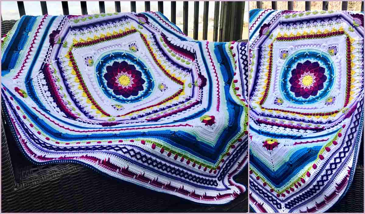 Colorful, crocheted blankets with geometric patterns, including the renowned Sophie's Universe Blanket, displayed on a sofa.