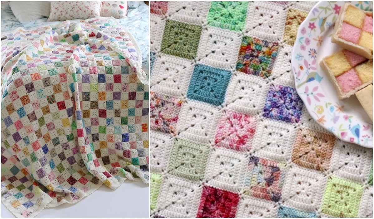 A colorful patchwork crochet blanket resembling a Battenberg Blanket is draped over the bed, with a close-up revealing detailed square patterns. Nearby, a plate of multicolored biscuits complements this cozy scene. Explore creating your own with a crochet pattern or video tutorial today!