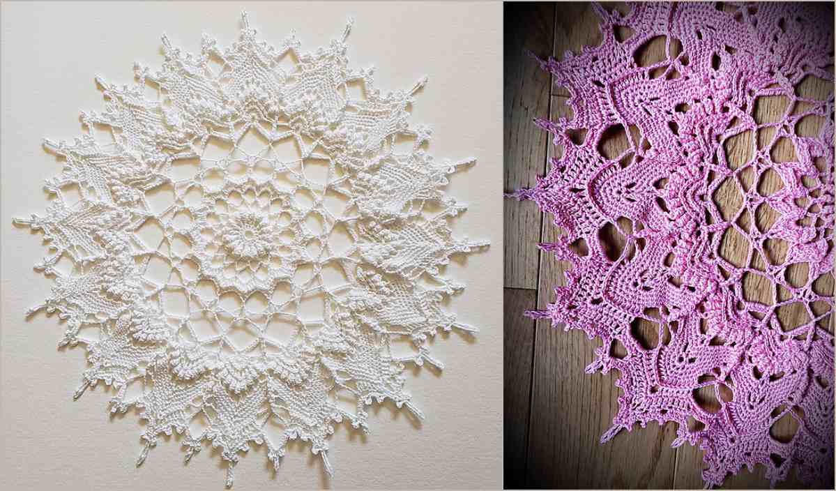 Two crochet doilies: a white one showcasing an intricate crochet pattern on the left and a pink piece with detailed lace edges on the right, both beautifully displayed.