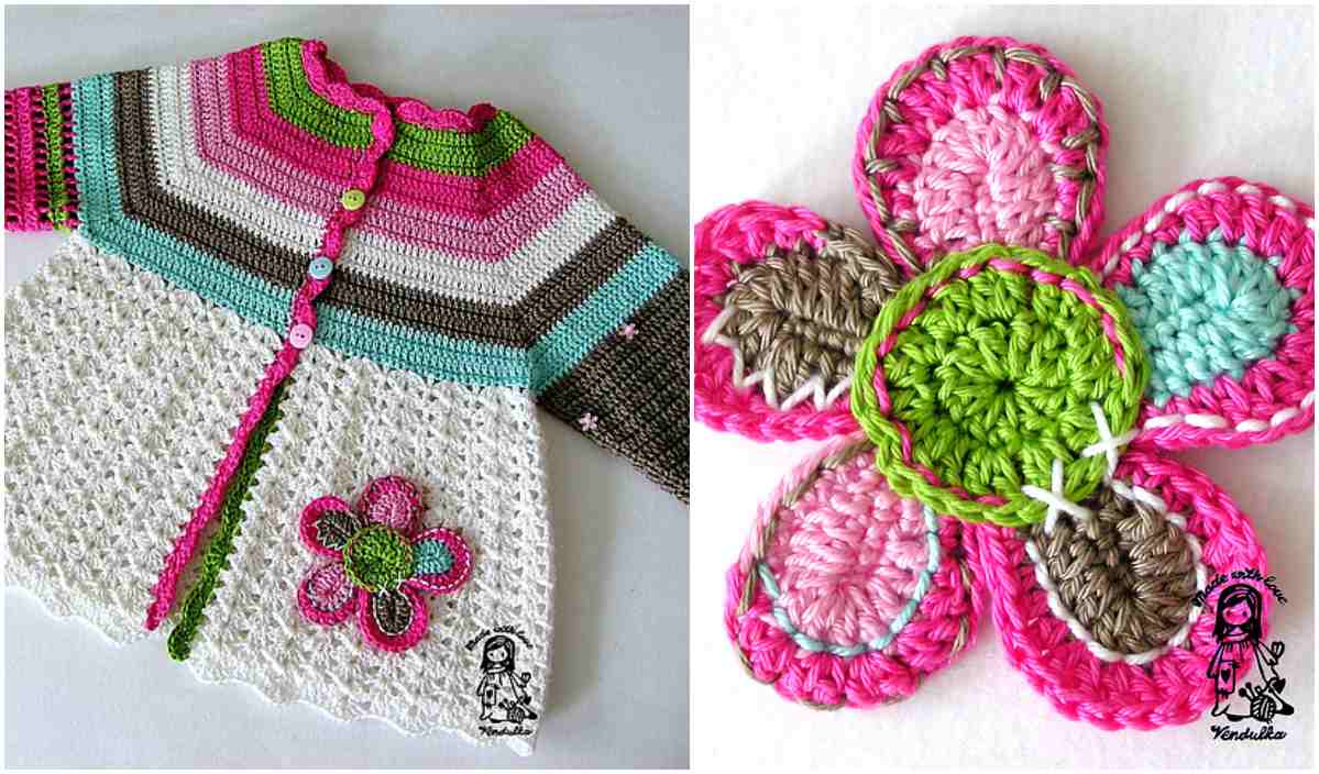 Crocheted baby cardigan with colorful stripes and flower design, featuring crochet angels patterns, alongside a separate crocheted flower motif in similar colors.