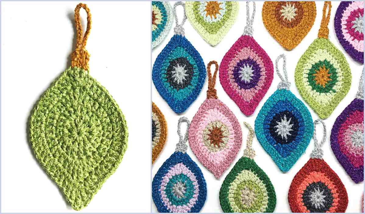 Discover the charm of this free crochet pattern: a green, crocheted leaf-shaped scrubber on the left, paired with vibrant scrubbers on the right. Perfect for crafting your own Christmas ornaments or adding a handmade touch to everyday tasks.